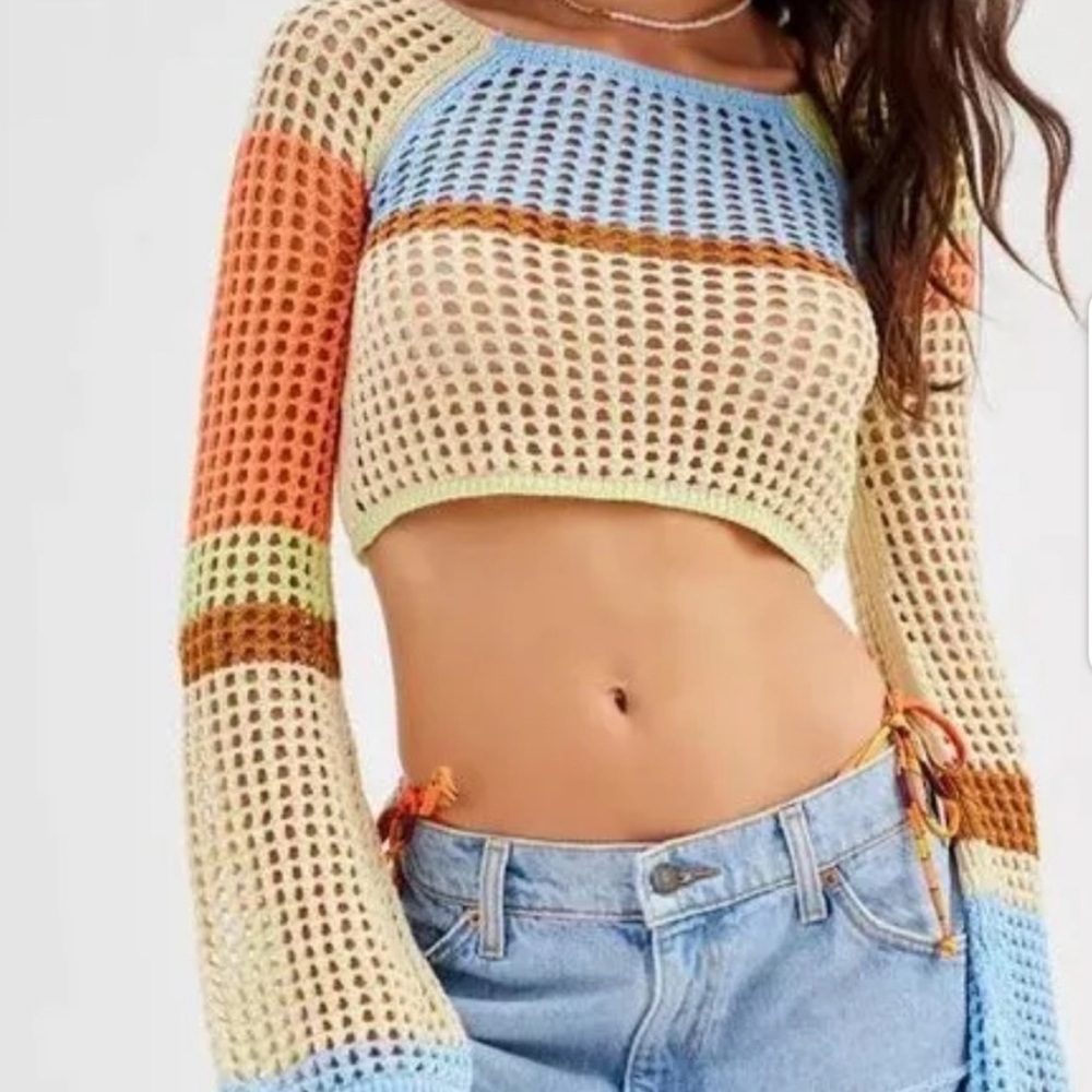 UO “Chloe” Multi Color Striped Open Knit Cropped Sweater With Bell Sleeves